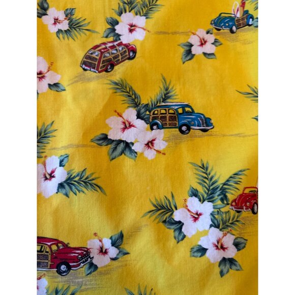 Vintage Hawaiian Shirt Yellow Woody Car Hibiscus Print Short Sleeve Button-Up XL - Picture 2 of 4